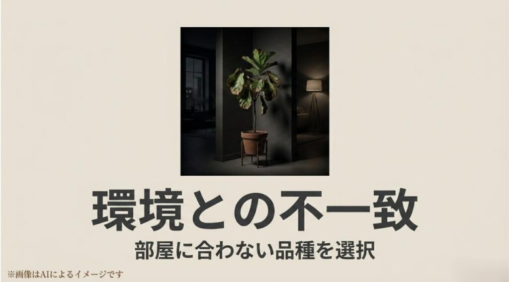 リビングの環境や日当たりを無視して品種を選んでしまうと枯れる原因になることを説明するスライド