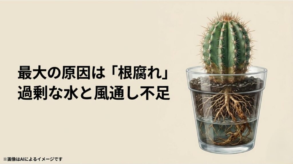 透明な器の中で水に浸かり、根元が茶色く傷んでしまったサボテンのイラストと、過剰な水・風通し不足による根腐れを解説したスライド