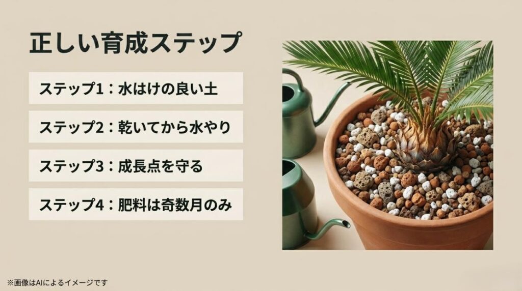 水はけ、乾燥後の水やり、成長点の保護、肥料の時期をまとめた4ステップガイド