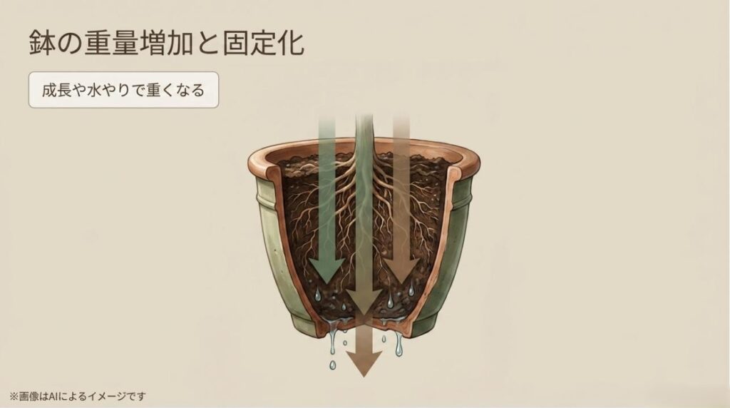 成長した根や水を含んだ土が鉢の総重量を重くし、人間の力では移動が困難になる様子を説明するイラスト