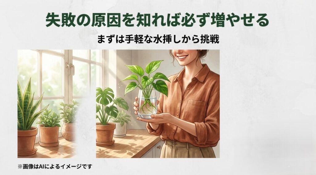 水挿しで発根させた容器を持って微笑む女性と、まずは手軽な方法から挑戦を促すメッセージ