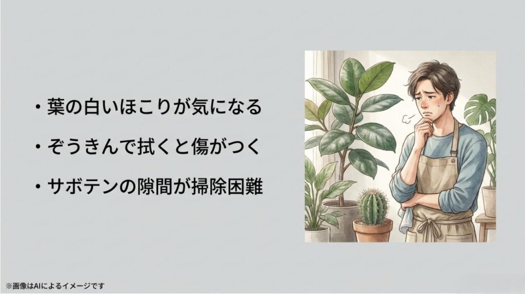 観葉植物のほこりや掃除方法、サボテンの隙間汚れに困っている男性のイラストスライド