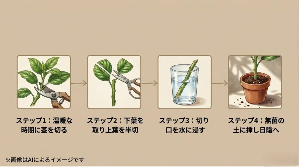 茎のカット、葉の調整、水揚げ、土への挿し木までの工程を分かりやすく説明するステップ図