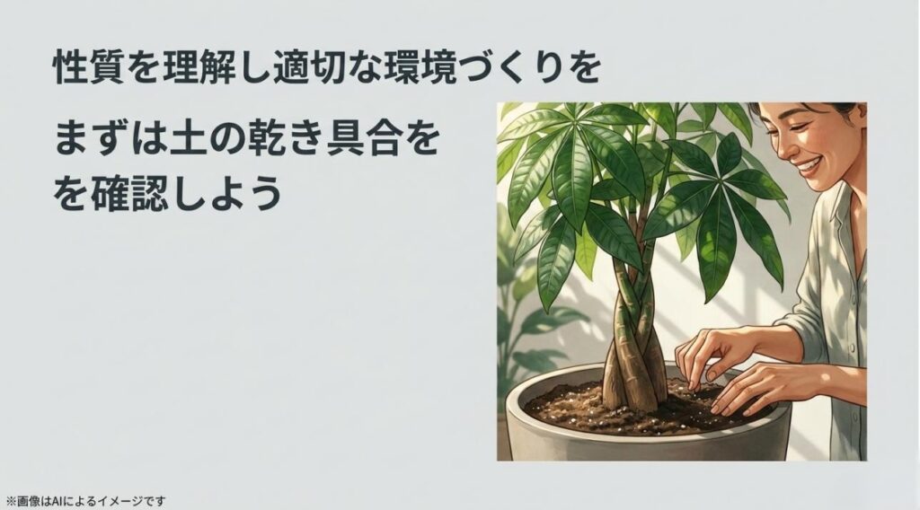 パキラの土の状態を優しく確認する様子と、適切な環境づくりの大切さを伝えるメッセージスライド