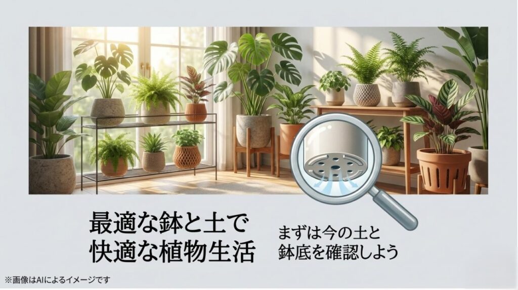 窓際で美しく育つ植物たちと、鉢底の通気性をチェックするよう促すルーペのアイコンが描かれたエンディングスライド