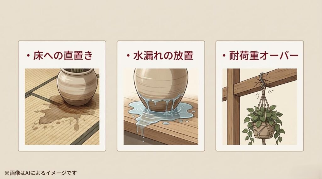 畳への直置きによるシミ、鉢底からの水漏れ放置、鴨居フックの耐荷重オーバーで木枠に亀裂が入るトラブルの様子を描いたNG事例のイラスト