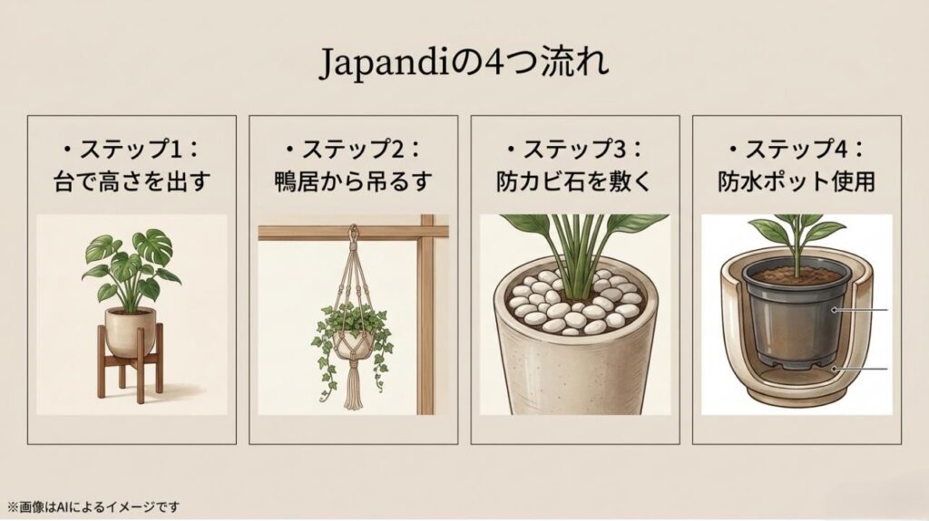 植物を台に置く、鴨居から吊るす、土に防カビ石を敷く、防水インナーポットを使うという、和室で植物を育てるための4つの具体的対策を並べたイラスト