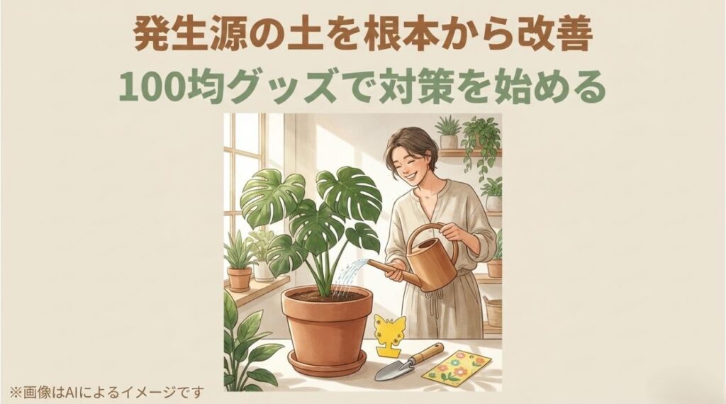 コバエ対策を終えて、清潔な室内で笑顔で観葉植物に水やりをしている女性のイラスト