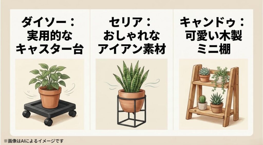 ダイソーの実用的なキャスター台、セリアのおしゃれなアイアン素材、キャンドゥの可愛い木製ミニ棚のイラストを並べた比較スライド