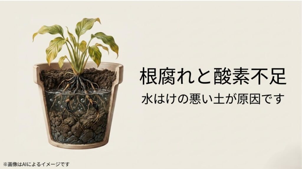 鉢の中の土が水浸しになり根が酸素不足で傷んでいる様子を解説した断面イメージスライド