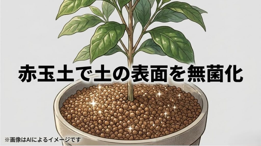 鉢植えの表面を有機物のない無菌の赤玉土で覆い、コバエの繁殖を防ぐ対策のイラスト