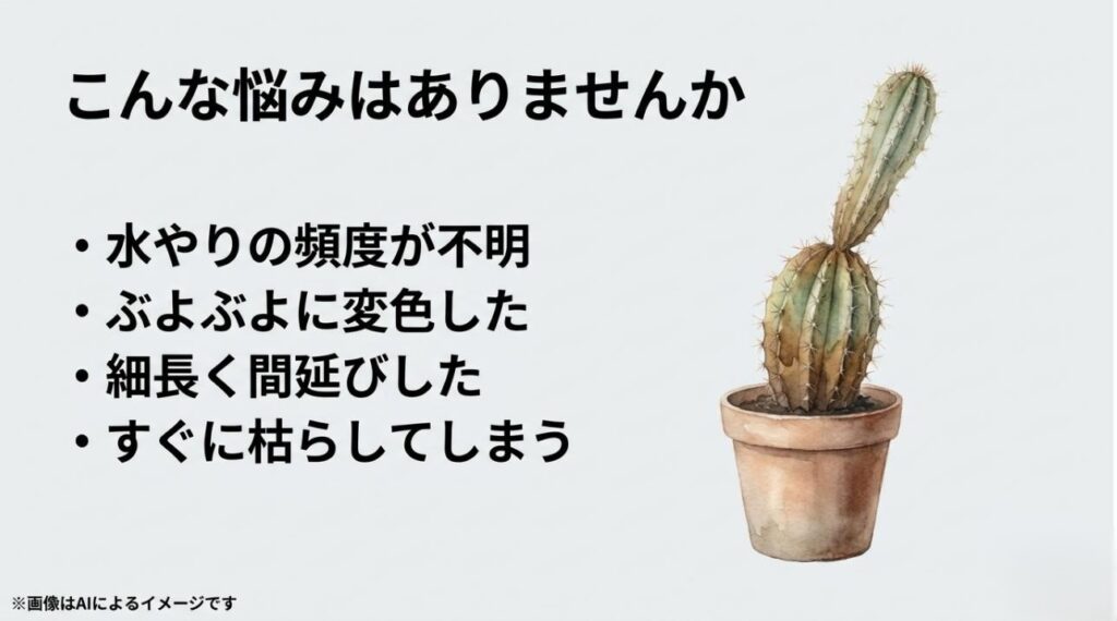 水やりの頻度不明、ぶよぶよに変色、細長く間延び(徒長)、すぐに枯らしてしまうというサボテン栽培の4つのよくある悩みを挙げたスライド