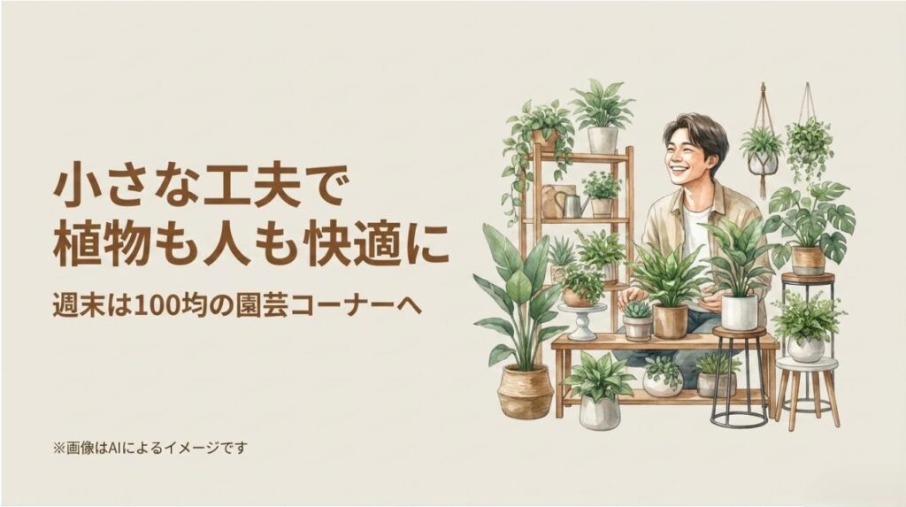 たくさんの観葉植物に囲まれて笑顔で手入れをしている男性のイラストと、週末の100均活用を促すメッセージスライド