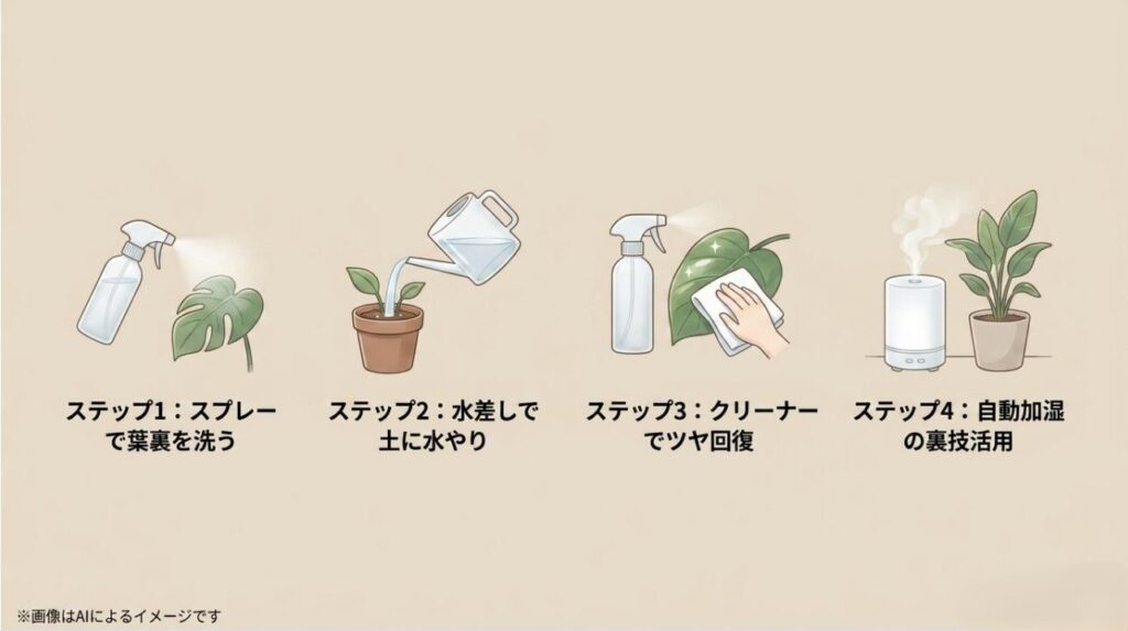 スプレーでの葉裏洗浄、水差しでの水やり、クリーナーでのツヤ回復、自動加湿というお手入れの4ステップのイラスト