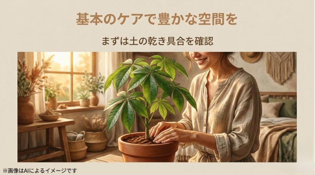柔らかな光が差し込む部屋で、カポックの手入れをしながら微笑む女性のイメージ画像