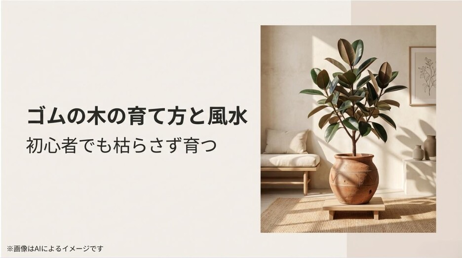 室内におしゃれに飾られたゴムの木と「育て方と風水」の文字が入った、記事の内容を象徴するアイキャッチ画像