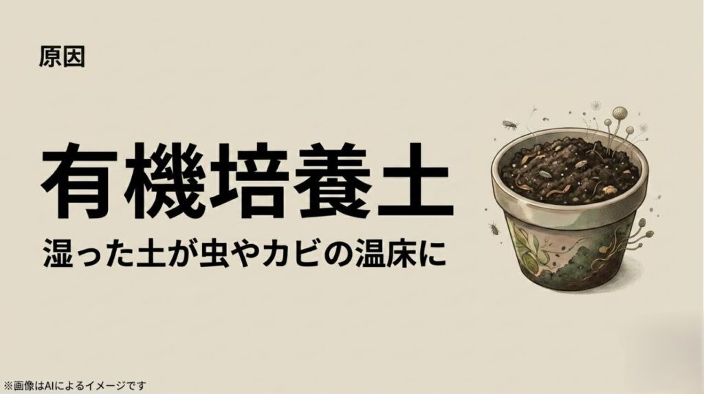 植木鉢に盛られた湿った土からキノコや虫が発生しているイラストとともに、「原因 有機培養土 湿った土が虫やカビの温床に」と書かれたスライド