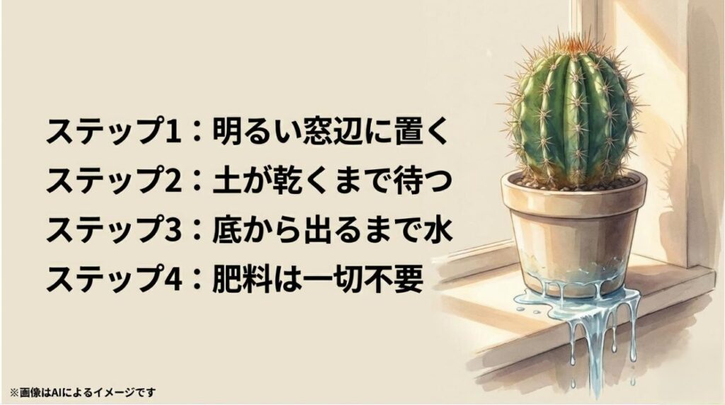 明るい窓辺に置く、土が乾くまで待つ、底から出るまで水やり、肥料は一切不要という、サボテンを健康に育てる4つの基本ステップを解説したスライド