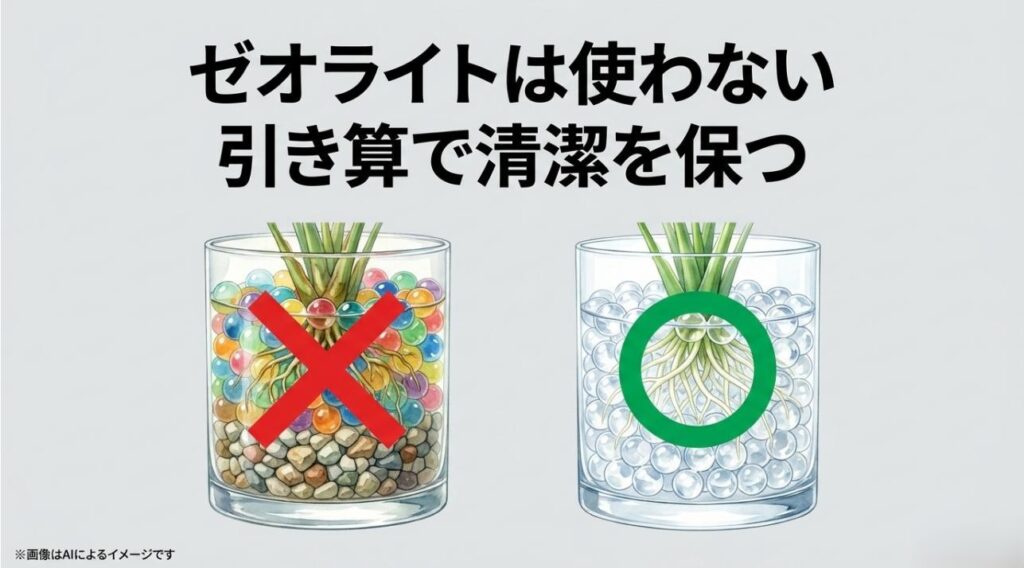 ゼオライトと多色のボールを入れた複雑な構成と、透明なボールのみのシンプルな構成を比較し、後者を推奨する図解