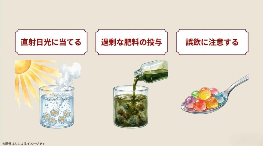 水温が上がる直射日光、水質を悪化させる過剰な肥料、子供の誤飲注意を促す警告スライド