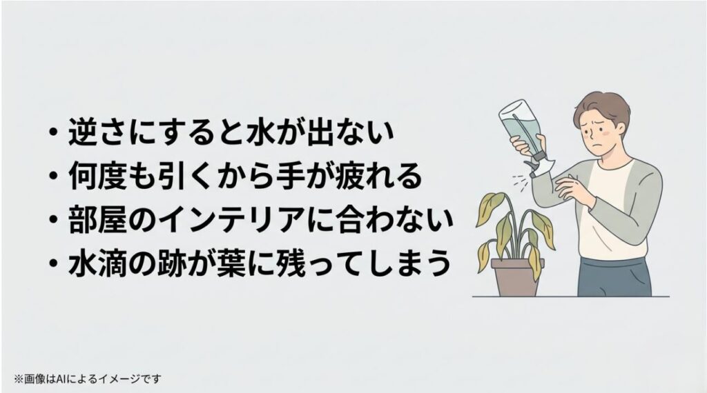逆さにすると水が出ない、手が疲れる、インテリアに合わない、水滴の跡が残るといった霧吹きに対する悩みを抱える男性のイラスト