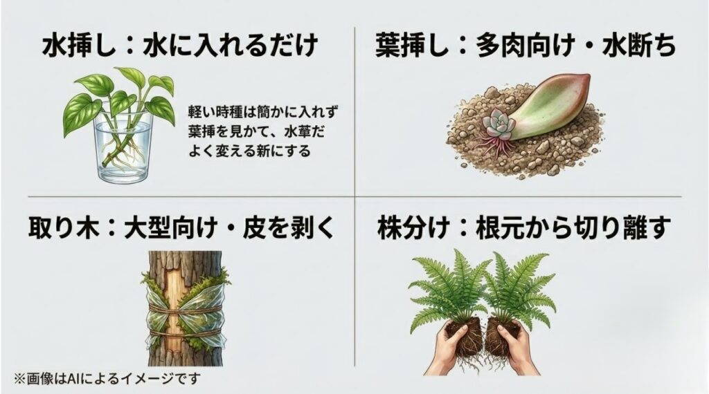 水挿し、葉挿し、取り木、株分けの4つの手法をそれぞれの特徴とともにまとめた図解