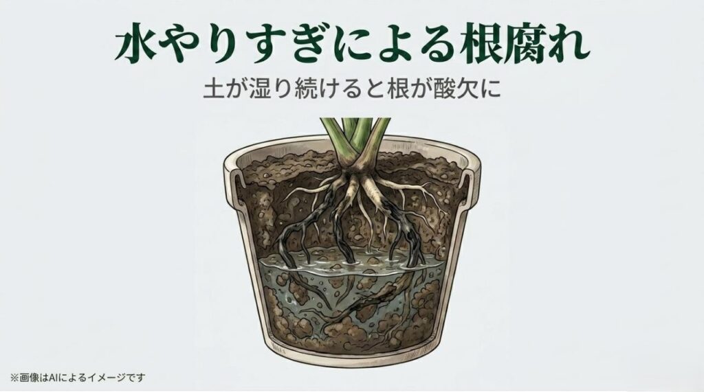 鉢の中に水が溜まり続けて土が湿ったままになり、モンステラの太い根が酸素欠乏によって黒くブヨブヨに腐っていく様子を描いた断面図イラスト