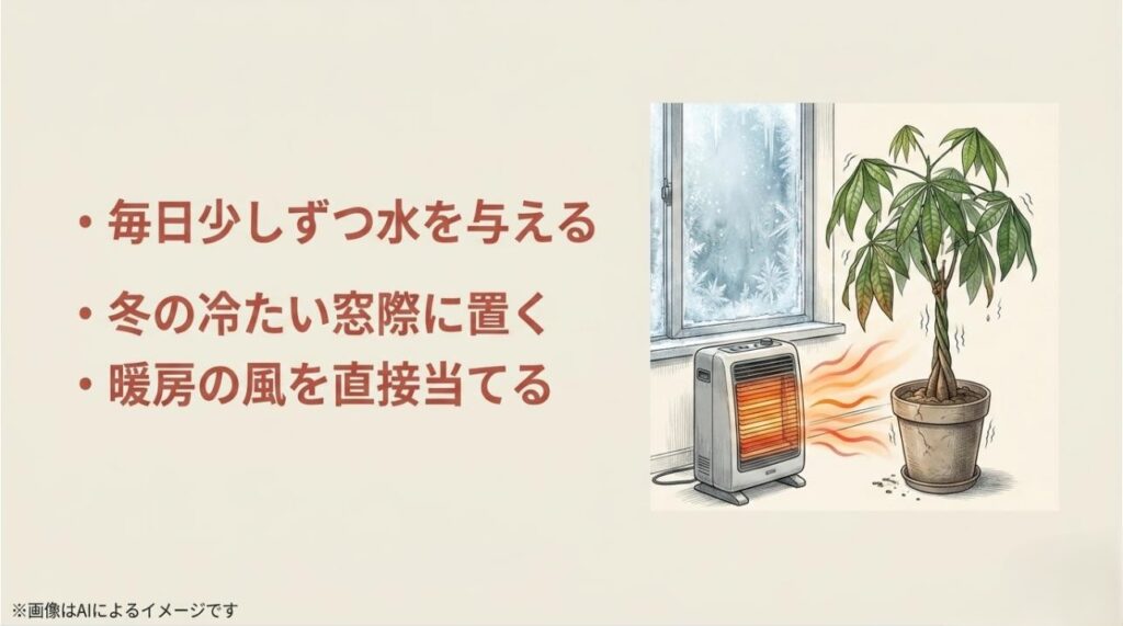 ストーブの風や窓際の冷気でパキラがダメージを受けているイラストと、冬のNG習慣(毎日水やり、冷たい窓際、暖房の風)の解説