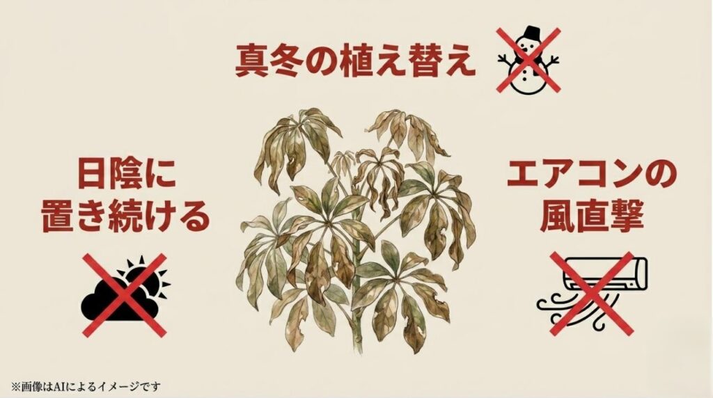日陰への放置、真冬の植え替え、エアコンの風の直撃という、植物が枯れる原因となる3つのNG行為に赤いバツ印をつけたアイコンで示すスライド