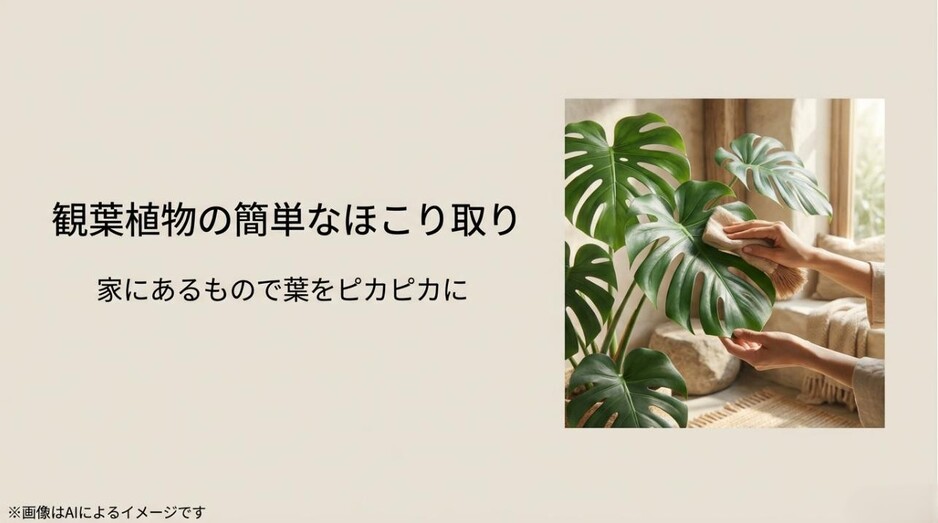 観葉植物の大きな葉を布で優しく拭き取って掃除している様子と、記事タイトルが記載されたアイキャッチ画像