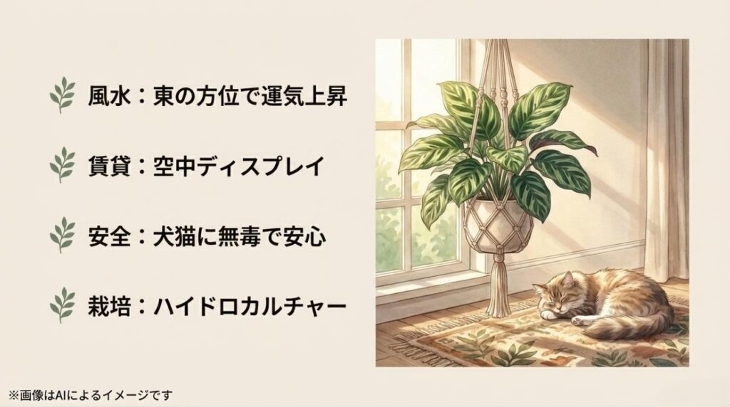 東の方位での運気上昇、ペットへの無毒性、ハンギングでの飾り方など、カラテアの多機能な魅力を紹介するスライド