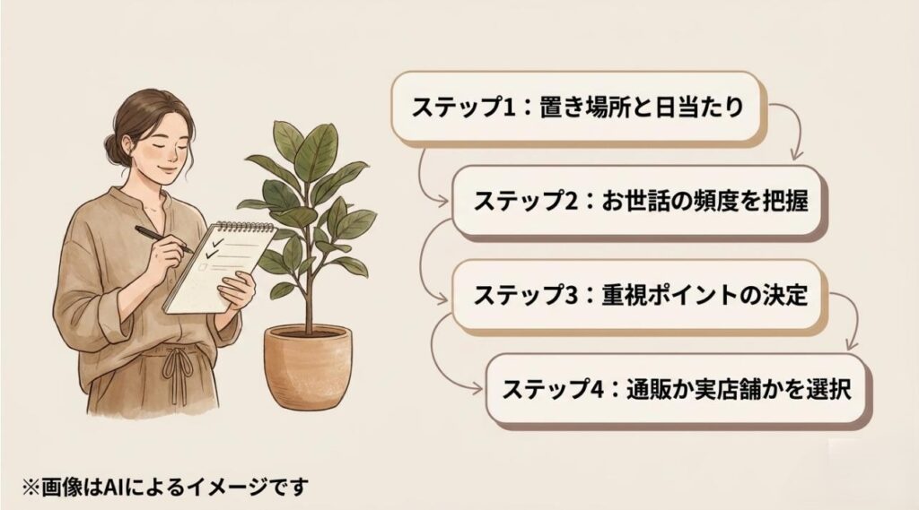 置き場所の確認から購入先の選択まで、植物を選ぶ際の具体的な4つの手順をまとめたチェックリスト