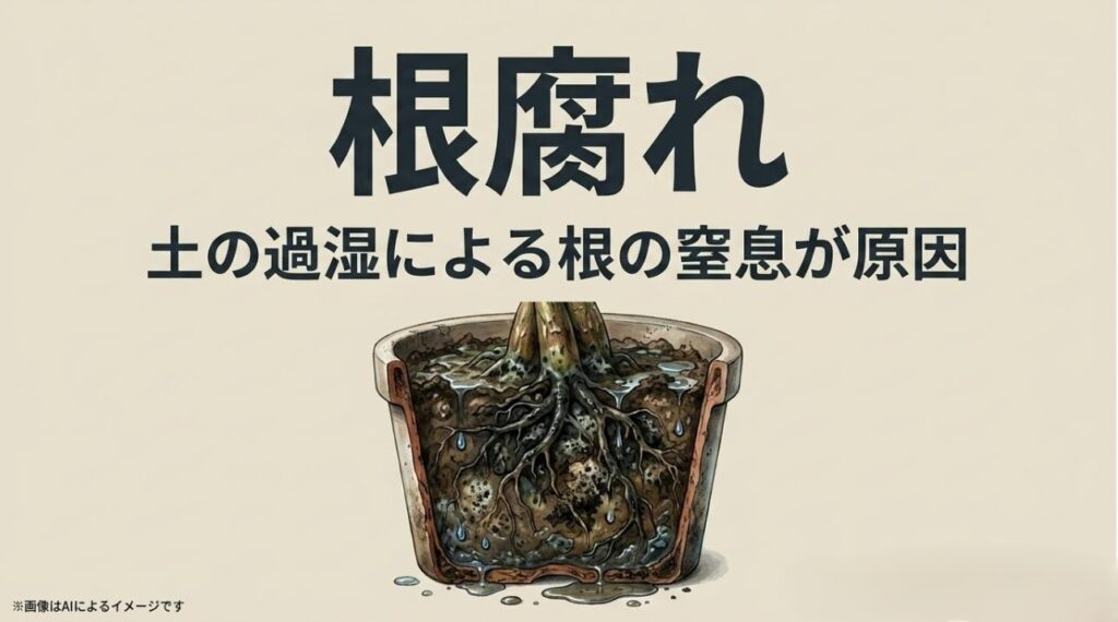 鉢の中で水分が過多になり、根が窒息して腐敗していく様子を描いた断面図