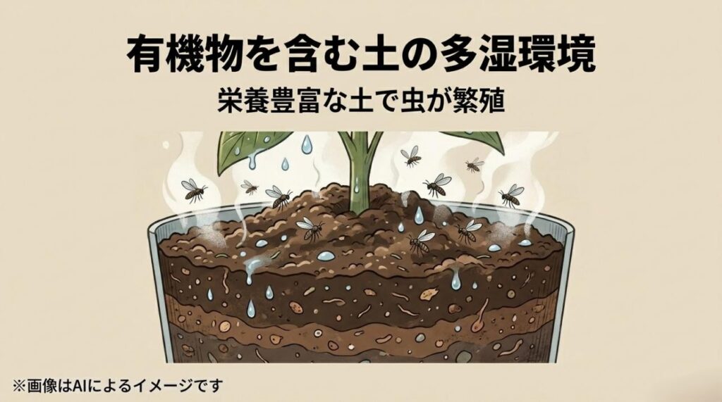栄養豊富な有機質の土と湿った環境によって、コバエの卵や虫が鉢の中で繁殖する様子を解説した断面イラスト