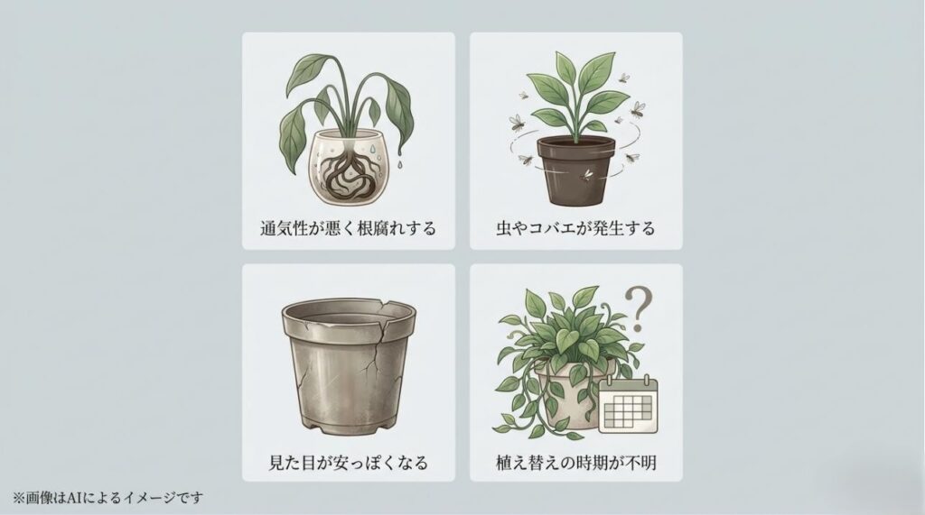 根腐れ、虫、見た目、植え替え時期という、プラ鉢栽培でよくある4つの悩みをアイコンで示したスライド