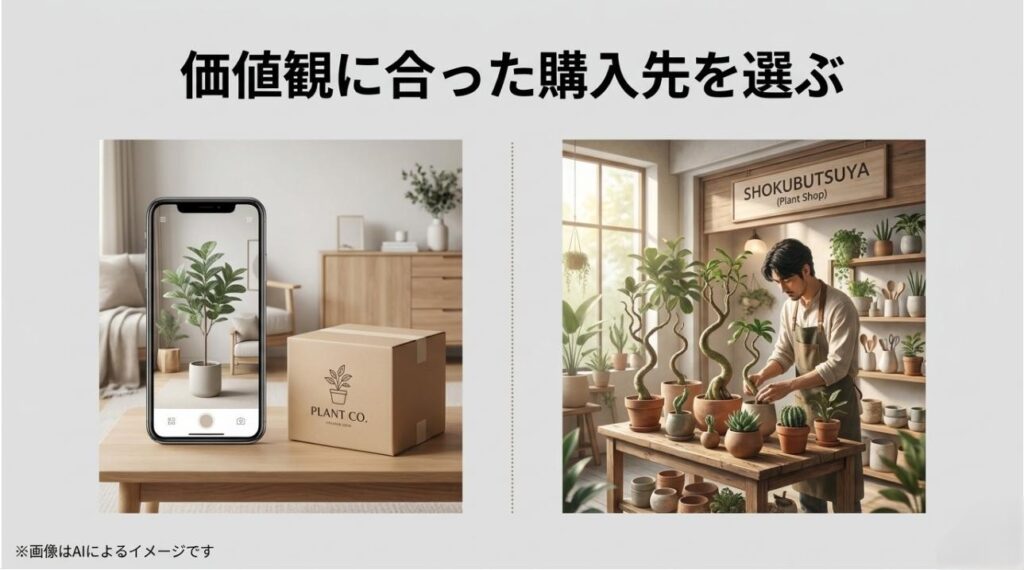 スマートフォンの画面越しに、自分の部屋に実物大の植物を配置しているAR体験のイメージ