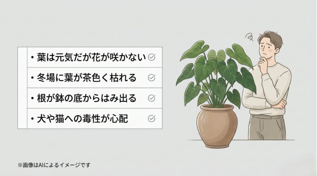葉は元気なのに花が咲かない、冬に葉が枯れる、根がはみ出る、ペットへの毒性といった、栽培初心者が直面しやすい悩みのまとめ