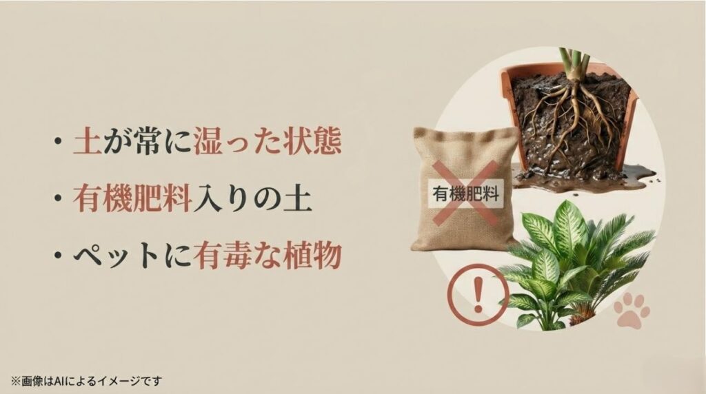 根腐れを招く常に湿った土、コバエの原因となる有機肥料、ペットに有害な植物の危険性を伝えるスライド