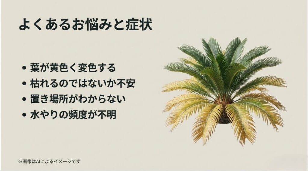 葉が黄色くなる、水やりがわからないなど、ソテツを育てる際によくある悩みをまとめたスライド