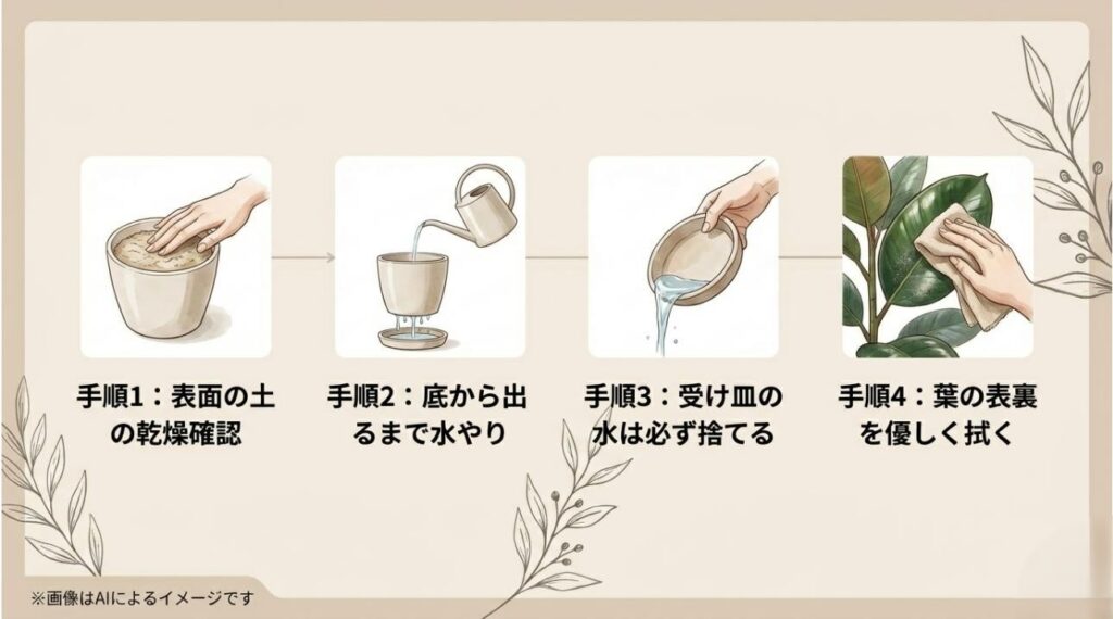 土の乾燥確認から、水やり、受け皿の処理、葉の表裏のクリーニングまで、日常のお手入れ手順をイラストで解説した図解