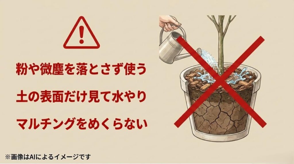 マルチングをめくらずに表面だけ見て水をやり、中の土が乾いたままになってしまうNG行動をバツ印で警告するイラスト