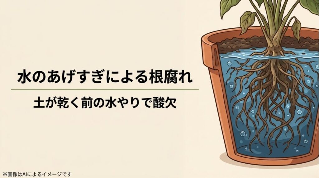 鉢の中で根が水に浸かり、酸素不足(酸欠)で根が傷んでいる様子を説明する図解スライド