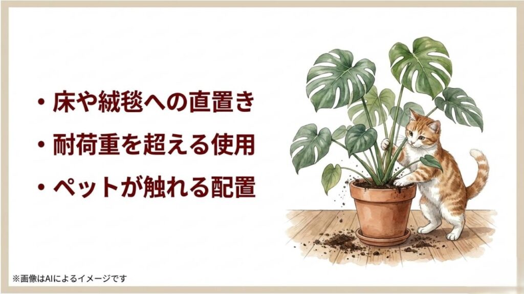 猫が床に直置きされた観葉植物の鉢の土を掘り返しているイラストと、安全のための3つの注意点をまとめたスライド
