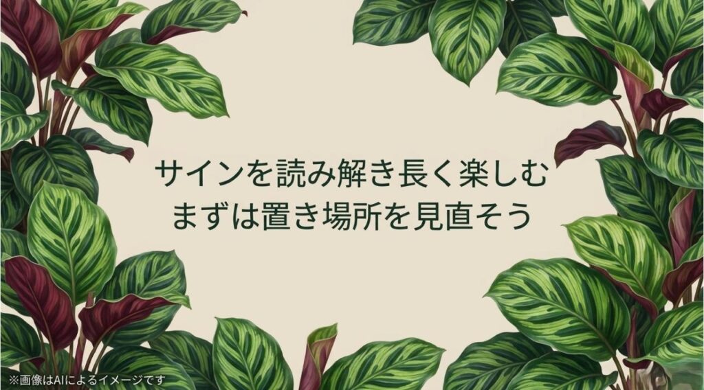 カラテアと長く付き合うために、サインを読み解き、まずは置き場所を見直すことから始めようというメッセージ