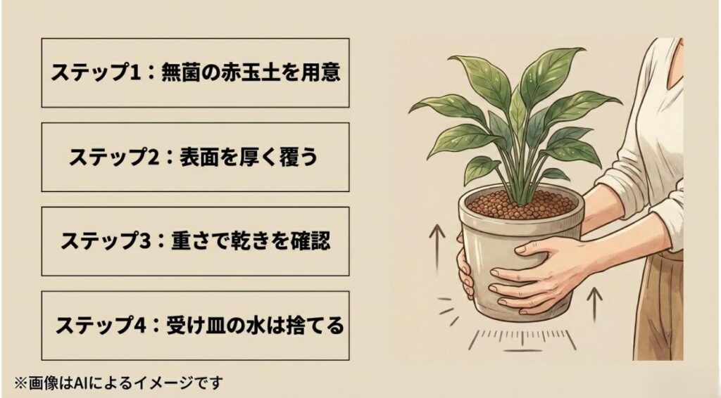赤玉土を厚く敷き、鉢を持ち上げた時の重さの変化で土の乾燥具合を確認する手順を示したイラスト