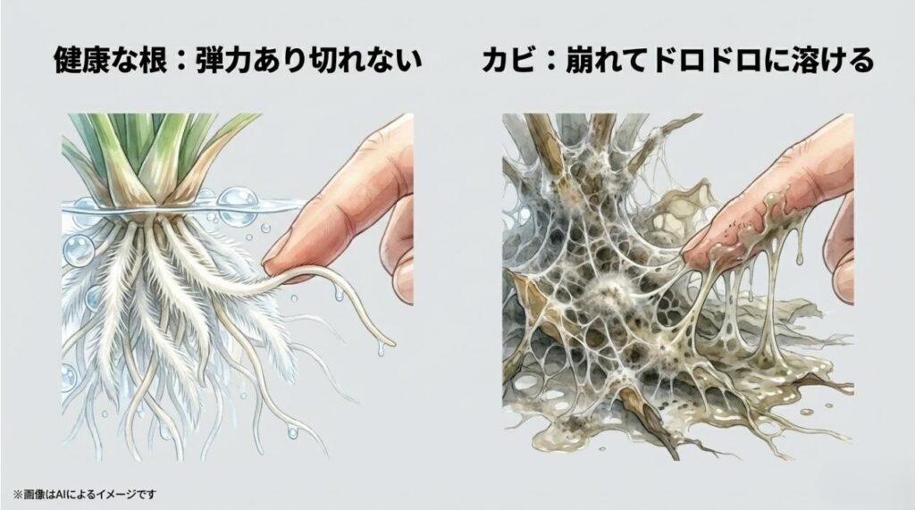 白くて弾力のある健康な根と、形が崩れてドロドロに溶けたカビの生えた根の比較写真