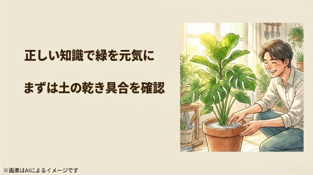 正しいケアによって元気に育った大きな観葉植物を前に、笑顔で手入れをする男性の様子。明るいボタニカルライフのゴールイメージ