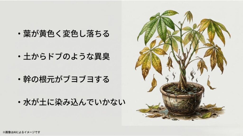 葉が黄色く変色し、幹が腐って異臭を放つパキラのイラストと、根腐れのチェックリスト(葉の変色、異臭、幹の柔らかさ、水はけ)