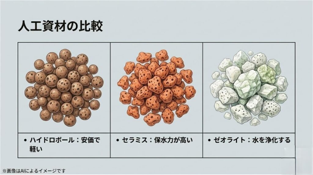 ハイドロボール（安価で軽い）、セラミス（保水力が高い）、ゼオライト（水を浄化する）の3つの人工資材のイラストと特徴が比較されたスライド