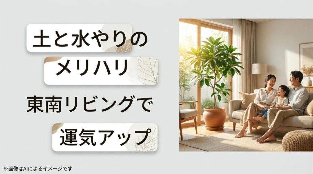 日当たりの良いリビングでナギを囲んで笑顔で過ごす家族と、運気アップのポイントを解説したイメージスライド
